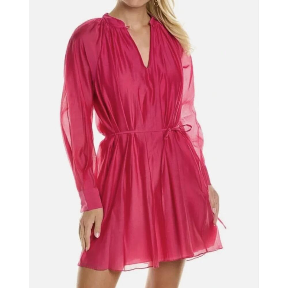 Rebecca Taylor Pink Silk Blend Shirt Dress Tie Waist Pockets Size S